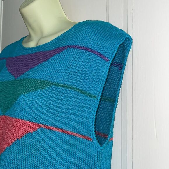Vtg 80s Alpenblick turquoise blue cotton sleeveless sweater/ triangles on front - Picture 4 of 8